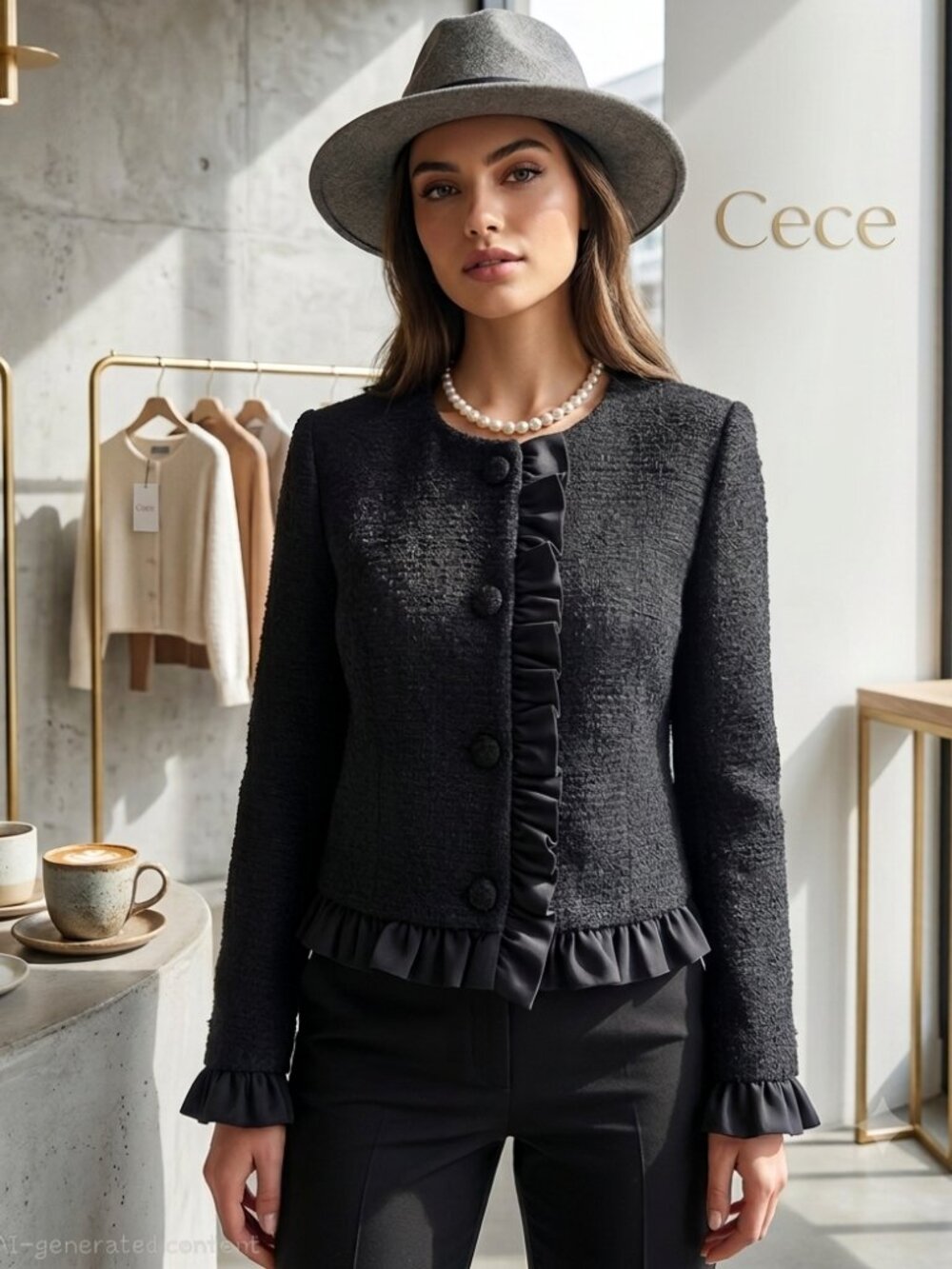 CeCe NWT Black Tweed Ruffle Trim Cropped Jacket Size 8